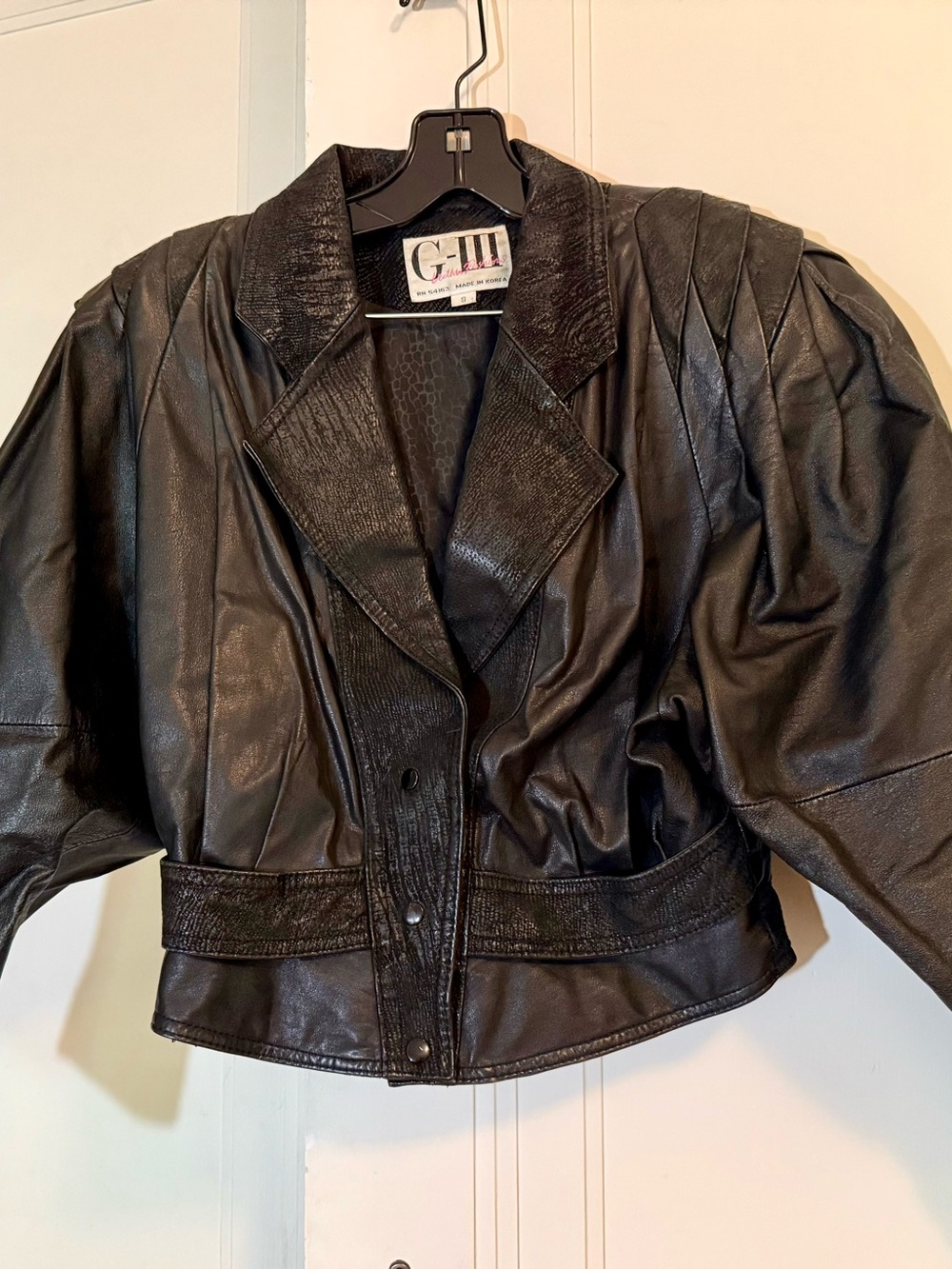 80s Black Leather Cropped Blouson Jacket w/reptile print suede accents.